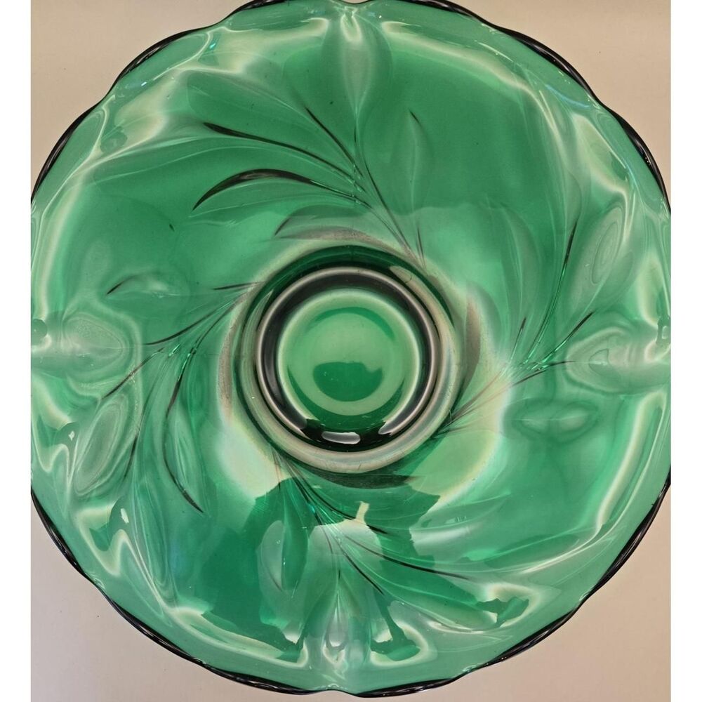 Vintage  Ruffled Platter Low Pedestal  Drk green Glass Bulligante Style